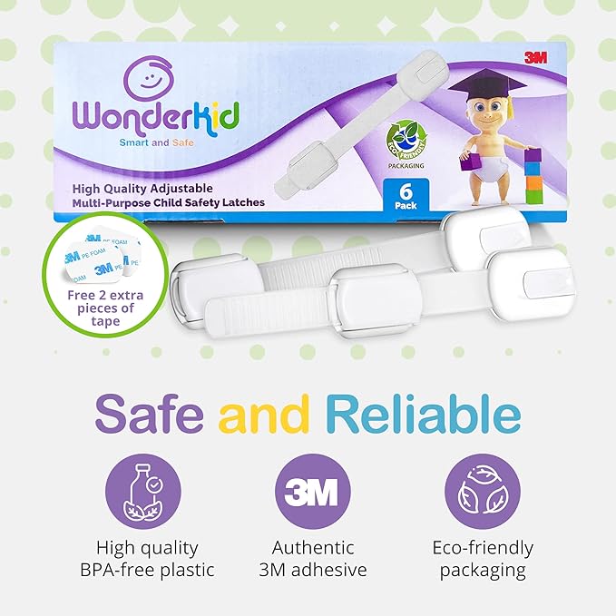 Adjustable & Reusable Child Safety Cabinet Locks & Latches, Baby Proofing Door Window, Cabinet, Toilet, & Refrigerator Lock, Child Safety Strap Locks with Adhesive Pads, Pack of 6, White - Wonderkid