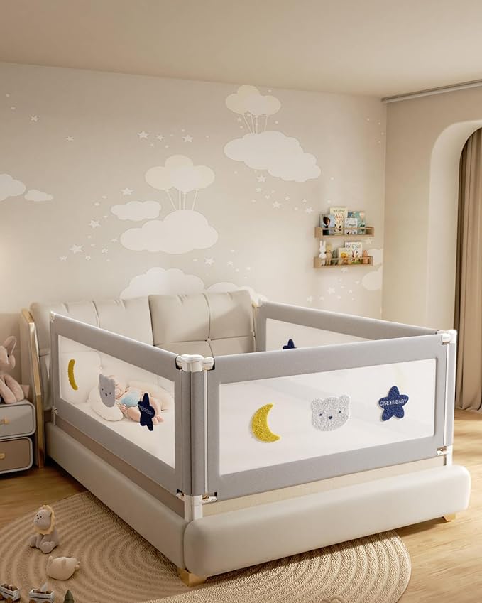 Baby Bed Rail Guard for Toddlers, Reinforced 54in Toddler Bed Rails for Full Bed with Height Adjustable, Extral Tall Child Safety Side Railing Guards/Bedrail for Kids, Grey Star, 1 Side 54" Lx28 H
