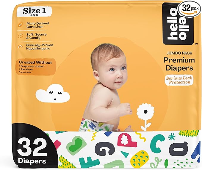 Hello Bello Premium Baby Diapers Size 1, 32 Count of Disposable, Extra-Absorbent, Hypoallergenic Baby Diapers with Snug and Comfort Fit, Alphabet Soup