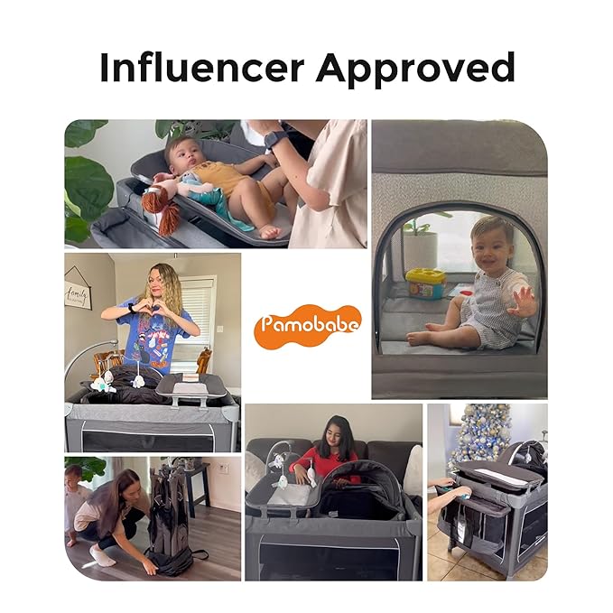 Pamo Babe 1-Second Setup 5-in-1 Playard for Babies - Heavy-Duty Steel Frame for Safe Sleep Space, Portable Crib with Zip Door & Changing Table, Locking Wheels, Breathable Mesh