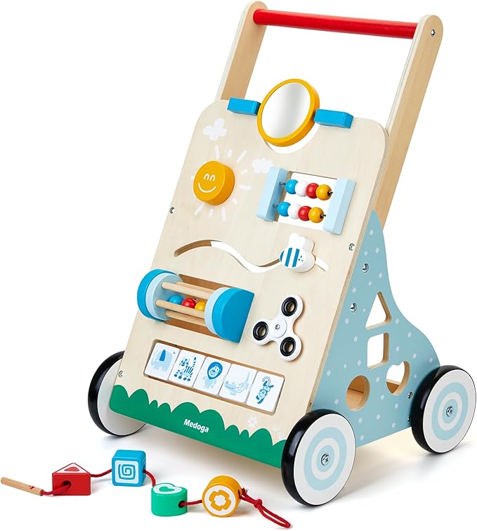 Wooden Baby Walker, 10 in 1 Baby Activity Center Walker Adjustable Wood Toddler Walker Push Walker Toy for Boys and Girls (BW001)