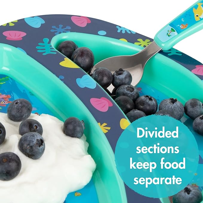 First Years Baby Shark Toddler Dinnerware Set - Includes Plate, Bowl, Fork and Spoon - 4 Count, Blue