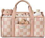 Blissful Diary Checkered Diaper Caddy Organizer, Stylish Nursery Storage Basket, Gift for Baby Shower, Newborn Essentials, Registry Search Must Haves, Pink