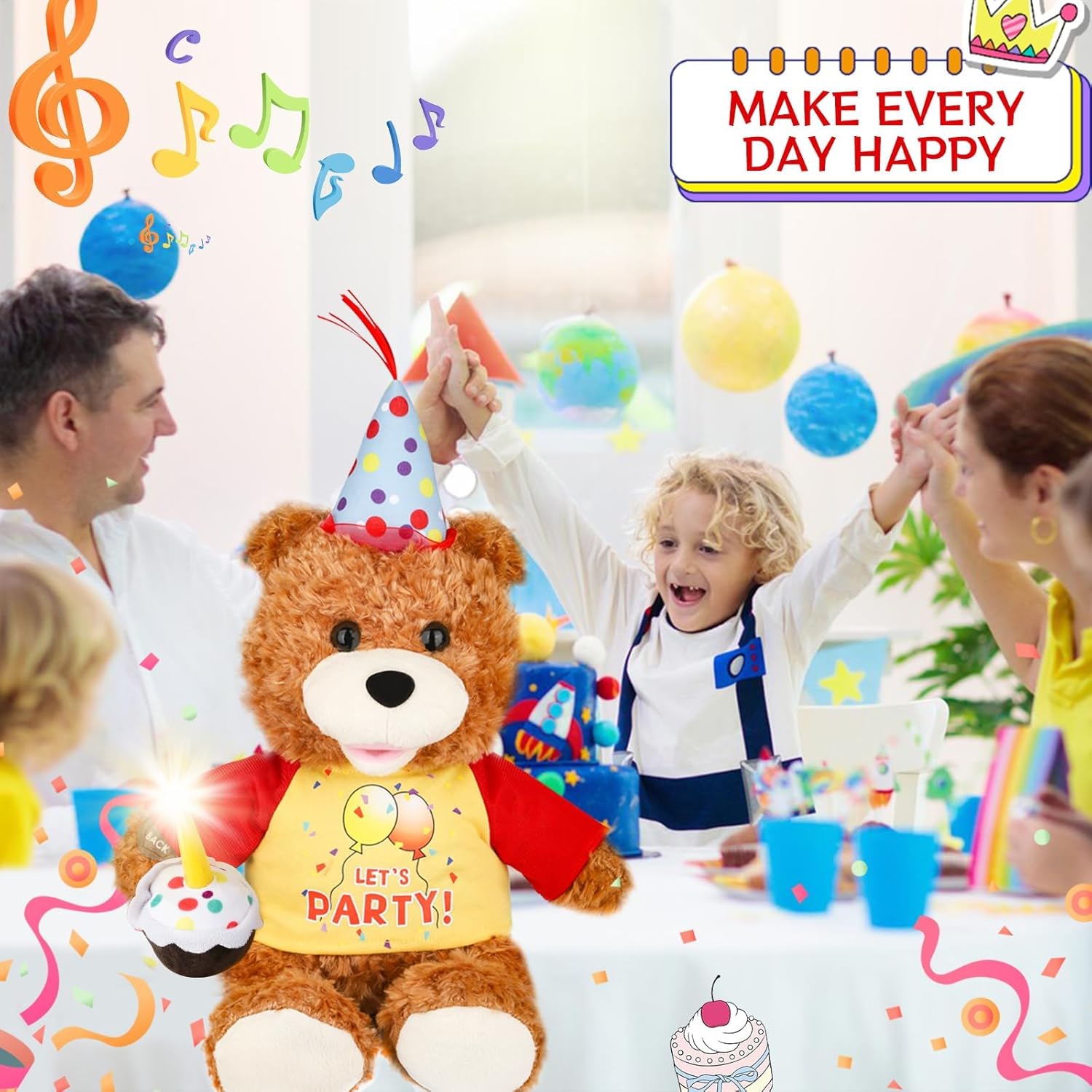 Singing Dancing Teddy Bear with Light Up Candle Playing Happy Birthday Song – Musical Interactive Plush Toy Stuffed Animal Birthday Gift for Kids Adults, 12”