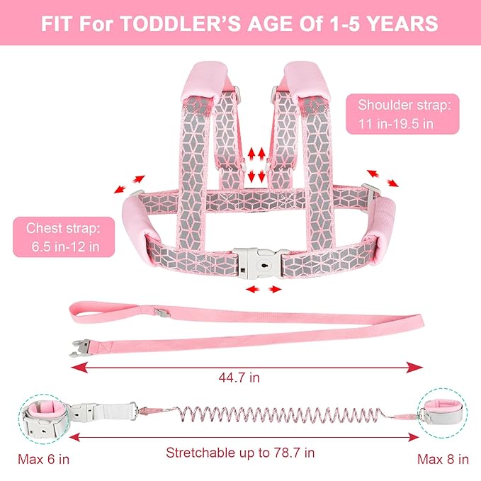 Accmor Toddler Harness Leash, Reflective Kids Leashes with Anti Lost Wrist Link, 3 in 1 Child Harnesses with Key Lock Design for Girls, Baby Walking Wristband Rope Protection Belt Tether.