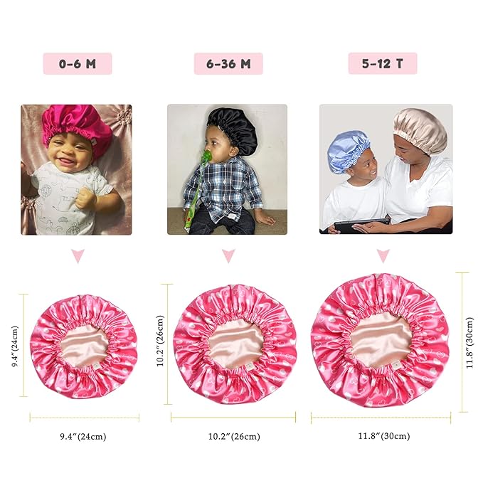 YANIBEST Baby Satin Bonnet Sleep Cap - Double Layer Reversible Adjustable Silky Satin Cap for Infant Toddler(6-36 Months,Pink & Hot Pink)