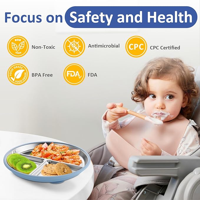 Stainless Steel Suction Plates for Toddlers, 9" Divided Kids Baby Plates with Removable Silicone Suction, Non Toxic Non Slip Portion Control Snack Dishes 3 Packs, Blue Gray Navy
