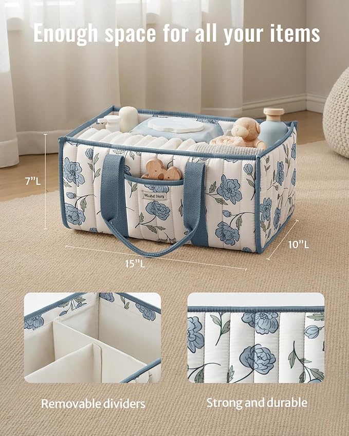 Blissful Diary Floral Diaper Caddy Organizer, Stylish Nursery Storage Basket, Gift for Baby Shower, Newborn Essentials, Peony Blue