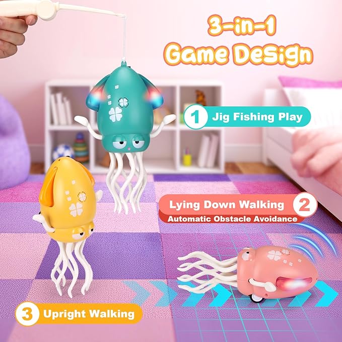 Magic Electric Dancing Octopus Toy with Led Light and Music,Playful Automatic Evasion Crawling Dancing Octopus with Fishing Rod,Smart Tentacle Explorer Dancing Squid Toy Tummy Time Baby Toys,Pink