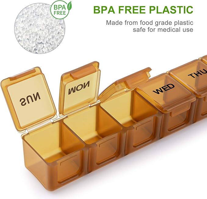 BUG HULL Weekly Pill Organizer Large 2 Packs, Extra Large Travel Pill Organizers, Pill Box 7 Day, Travel Pill Case, Medicine Pill Organizer for Vitamins, Supplements and Medications (Brown+White)