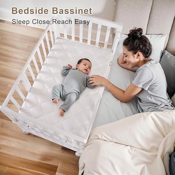 Baby Bassinets Bedside Sleeper - Portable Pine Wood Bedside Bassinet with Mattress,3 Heights Small Mini Crib,Baby Crib for Newborns,White