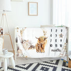 Boho Floral Baby Monthly Milestone Blanket Neutral Bohemian Photo Prop Blanket Personalized Highland Cow Baby Present Pampas Grass Ideas for Newborn Nursery Decor (Brown, Highland Cow)