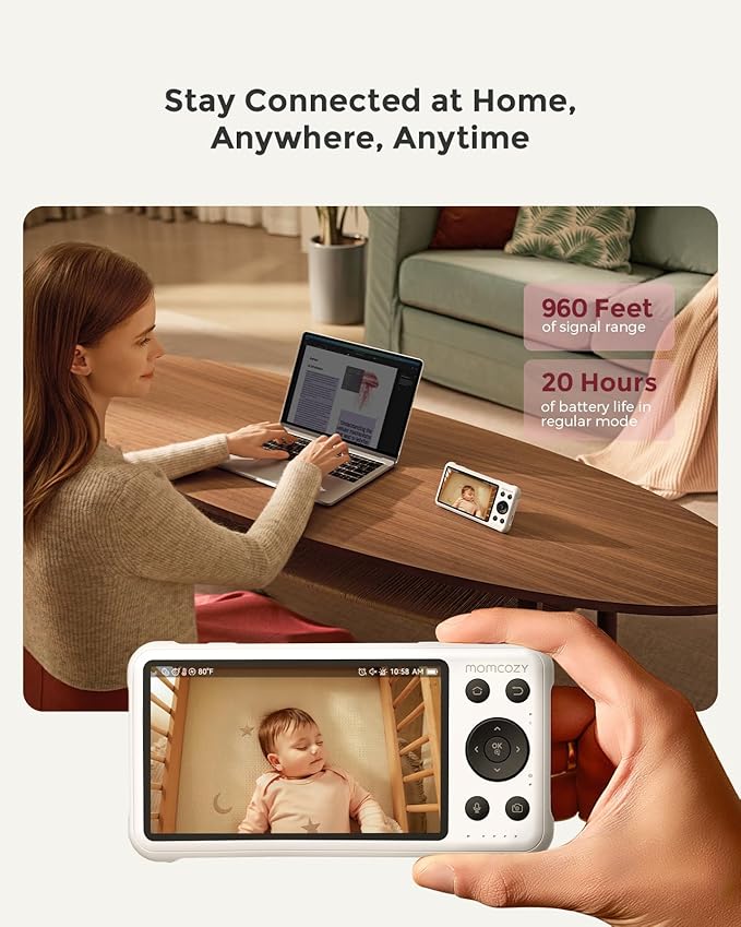 Momcozy Smart WiFi Baby Monitor with Camera and Audio, 5" 1080P Screen with Wall Mount, Motion & Cry Detection, Safe Fence, Clear Night Vision, 5000mAh Battery, 2-Way Talk, Photo & Video Recording
