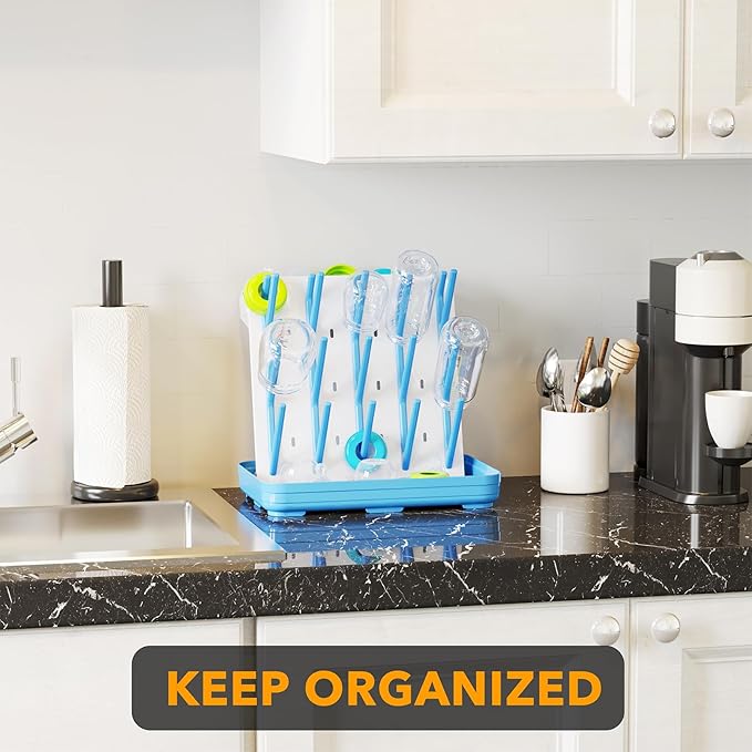 SpaceAid Baby Bottle Drying Rack with 20 Hooks, Space Saving Kitchen Bottles Rack Dryer, Vertical Baby Bottle Holder Organizer for Countertop Storage Accessories (White and Blue)