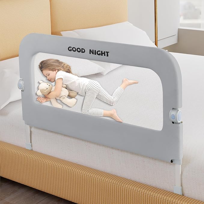 Bed Guard Rail for Toddlers - 32" Adjustable Heights & Folding up Portable Bed Railing for Baby - Toddler Bed Rails Guard for Crib, Twin, Bunk,Full Size, Queen & King Bed(Grey)