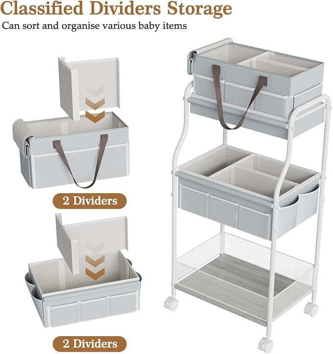 2 In1 Baby Diaper Caddy Organizer & Storage Cart, 3-Tier Rolling Diaper Organizers with Divider and 12 Pocket，Nursery Bedside Caddy Utility Cart for Baby Clothes & Dresser Baby Bottle -Baby Essential