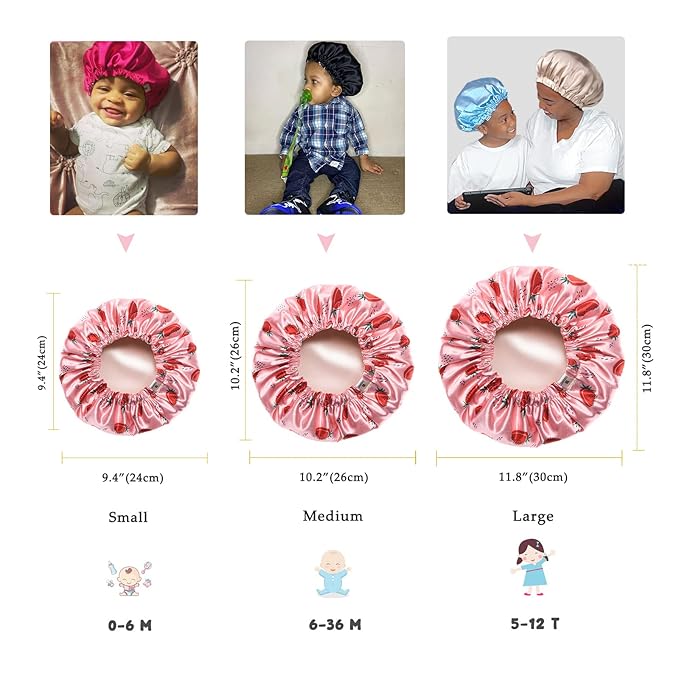 YANIBEST Baby Satin Bonnet Sleep Cap - Double Layer Reversible Adjustable Silky Satin Cap for Infant Toddler(5-12 Year,Strawberry)
