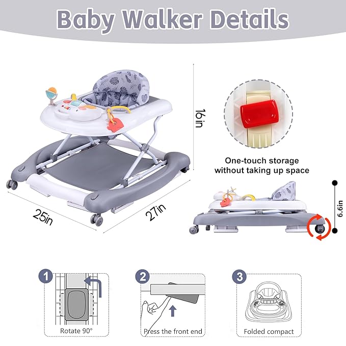 5 in 1 Foldable Baby Walker, Activity Baby Walker-Baby Bouncer, Rocker, Activity Center,Seat and Push Walker,Detachable Trampoline Mat, Adjustable Speed Rear Wheels and Height,Ages 6-18 Months(Grey)