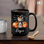 Personalized Ocicat with Pumpkins Halloween Ceramic Cups, Ocicat Wearing Witch Hat Coffee Mug 11oz 15oz, Customized Cat Black Mug with Pet's Name, Halloween Cup Gift for Cat Dad Mom Pet Lover