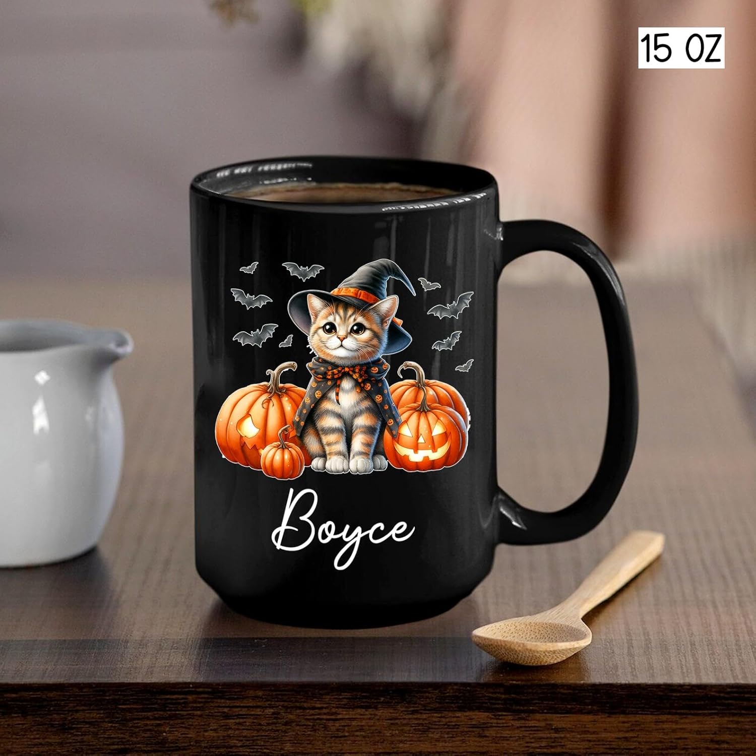 Personalized Ocicat with Pumpkins Halloween Ceramic Cups, Ocicat Wearing Witch Hat Coffee Mug 11oz 15oz, Customized Cat Black Mug with Pet's Name, Halloween Cup Gift for Cat Dad Mom Pet Lover