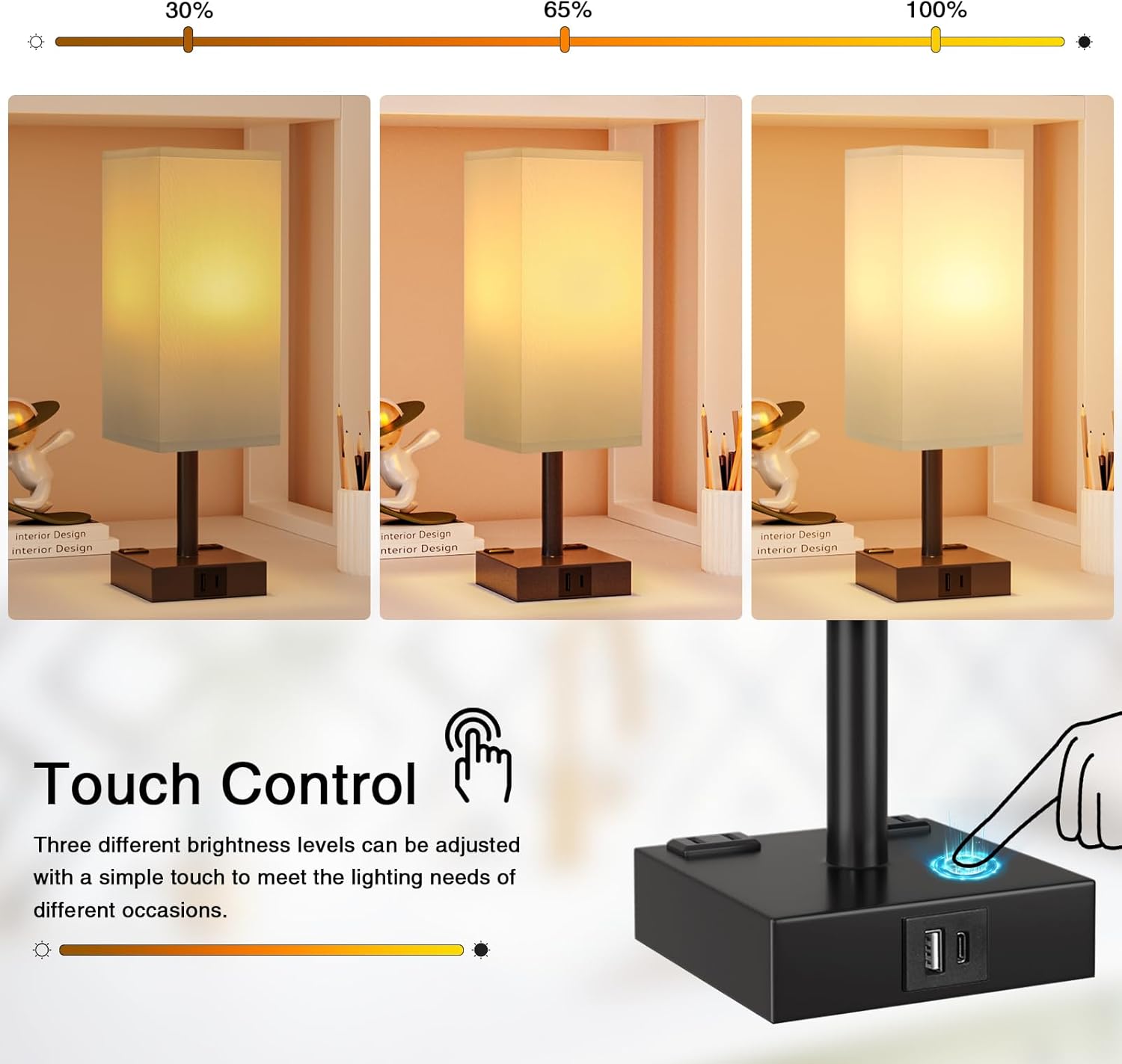 Touch Bedside Table Lamp for Nightstand - 3-Way Dimmable Night Lamp with USB A + Type C Charging Ports and Two AC Outlets, Small Desk Light with E26 LED Bulb for Bedroom Living Room,White Black