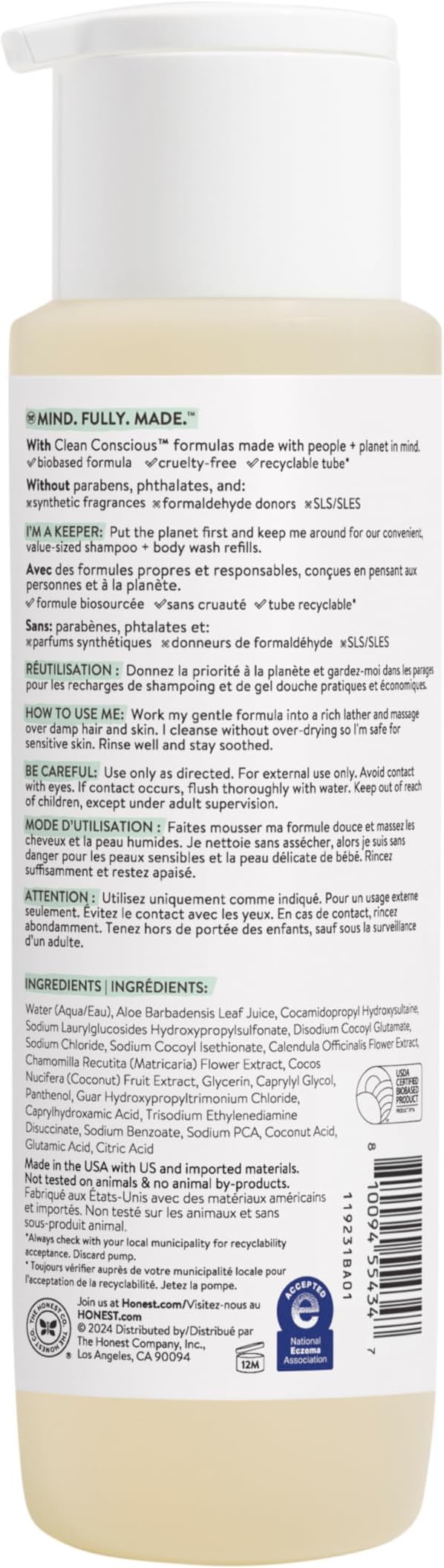 The Honest Company 2-in-1 Cleansing Shampoo and Body Wash for Sensitive Skin Gentle Tear-Free Hypoallergenic Baby with Naturally Derived Ingredients Fragrance-Free 18 fl oz