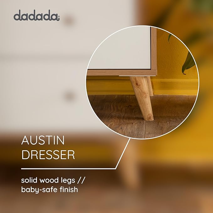dadada Austin 3-Drawer Dresser for Nursery and Bedroom - Modern Design, Large Storage, Baby-Safe Finish, Soft Close Drawers, Anti-Tip Safety, Solid Wood Feet, Durable Construction (White+Red Oak)