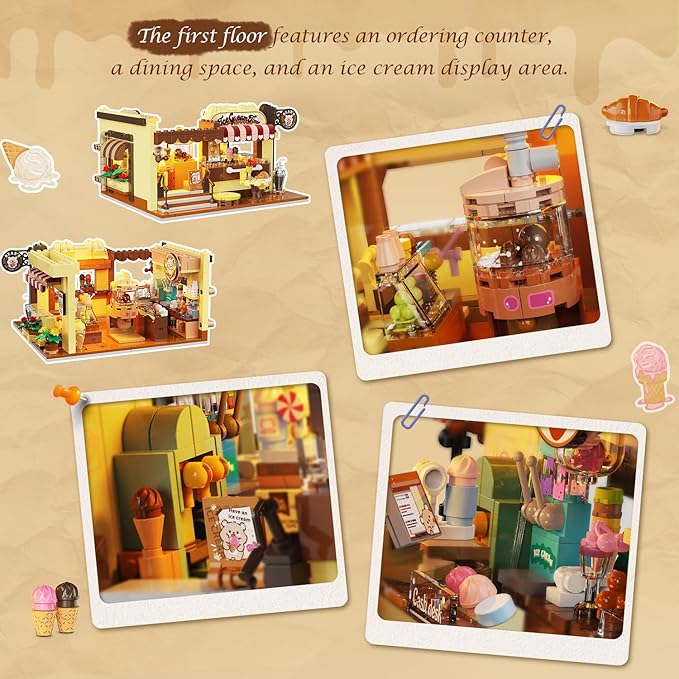 City Ice Cream House Building Set with Lights, 1377 PCS Dessert Shop Building Block Toy with Chocolate Sundae Cone, Sweet Workshop Construction Model for Adults Teens Kids Boys Girls Ages 12+