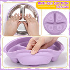 Nuogo 1 Pcs Stainless Steel Baby Suction Plates with Removable Silicone Shell 2-in-1 Metal Toddler Bowl Divided for Picky Eaters Kid Feeding Led Weaning Supply, Dishwasher Safe (Purple)