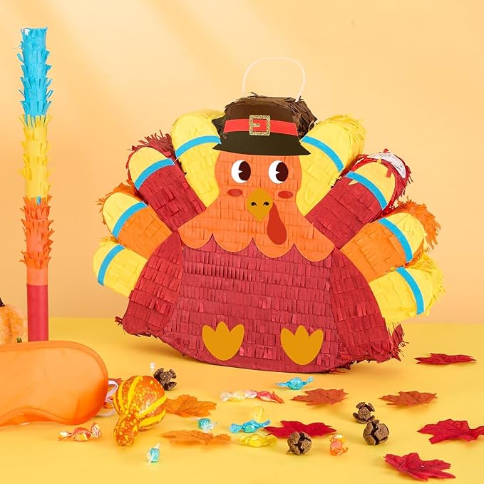WERNNSAI Thanksgiving Turkey Pinata - Fall Decorations Red Turkey Pinata Thanksgiving Games for Kids Fall Festival Autumn Decor Carnival Party Supply with Blindfold