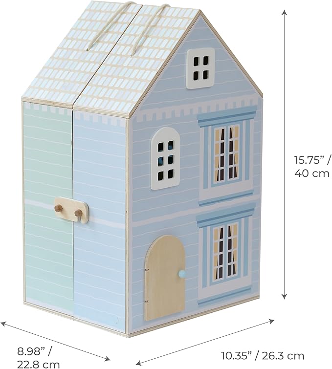 Olivia's Little World Folding Wooden Dollhouse – 3-Story Portable Playhouse with Furniture, Family Figures & Pet, Built-in Carry Handle, Compact Fold-Up Design Toy for Ages 3+