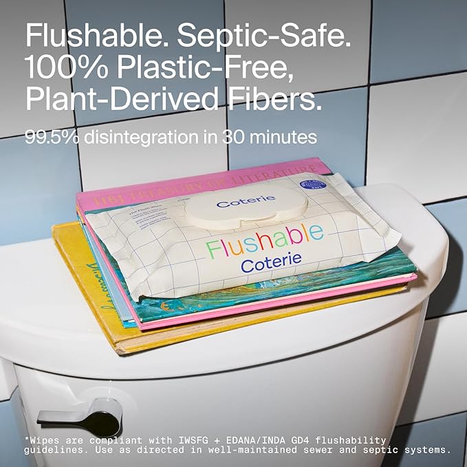 Coterie Flushable Wipes for Toddlers, Designed for Potty Training, Safe for Sensitive Skin, Hypoallergenic, 99% Water, Plant-Based, Fragrance Free, Sewer & Septic Safe, 16 Pack (448 Wipes)