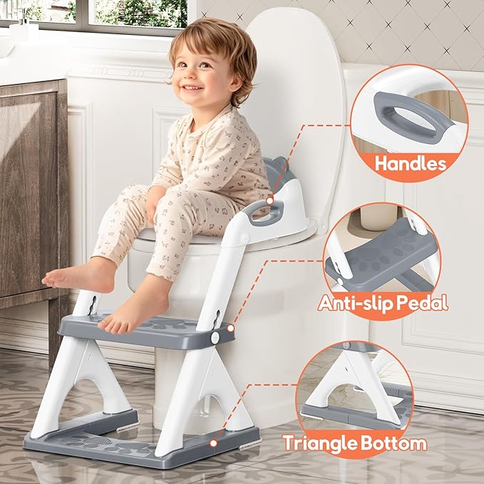 SKYROKU Potty Training Seat for Toddlers – 2-in-1 Adjustable Potty Ladder with Step Stool, Anti-Slip Cushion, Splash Guard & Extra-Wide Pedals, Supports 200+ lbs, Ideal for Boys & Girls
