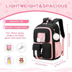 Kids Backpack for Girls School Bags for Middle School Students Book Bag for Elementary Primary Kawaii Ita Backpack, Black and Pink