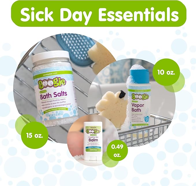 Boogie Spa Kit, Includes Boogie Kids Bath Salts, Eucalyptus, 15 oz (Pack of 1) Vapor Bath 10 Fl oz (Pack of 1) Chest Rub Stick 0.49 oz (Pack of 1)