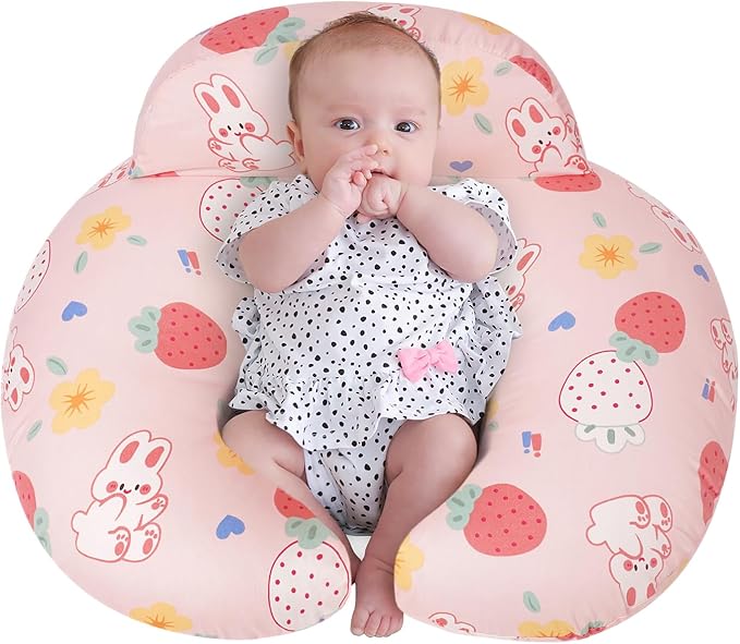Nursing Pillow for Breastfeeding, Animal Patterns Removable Cotton Cover, Machine Washable, Strawberry Pattern （Candy Pink）