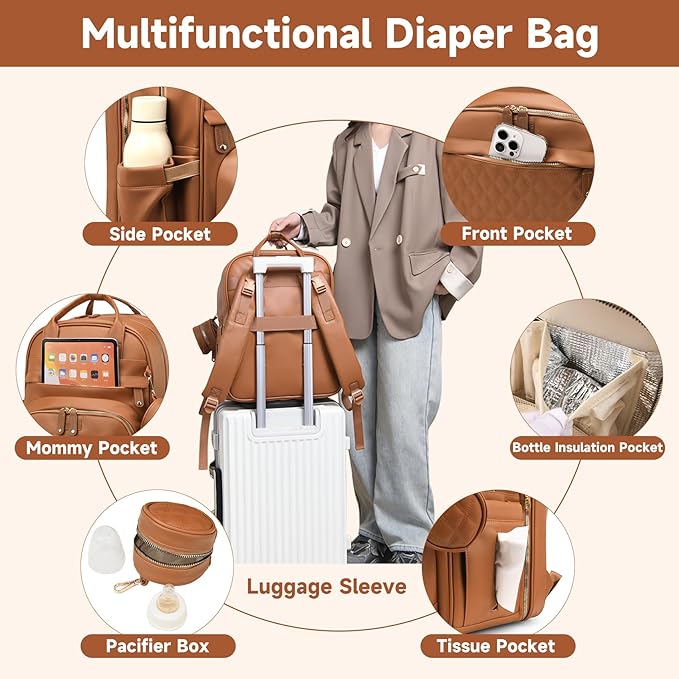 Leather Baby Diaper Bag with Changing Station,Extra large Capacity Baby Diaper Bag Backpack(Brown)