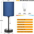 Blue Table Lamps 3 Color Temperatures - 2700K 3500K 5000K Bedside Lamps with USB C and A Ports, Pull Chain Lamps for Bedrooms with AC Outlet, Nightstand Lamps with Black Metal Base for Kids Boys