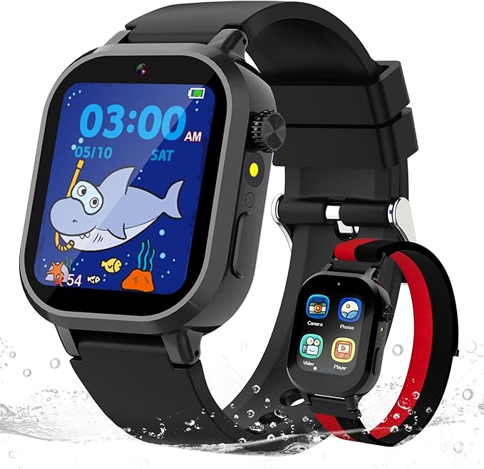 Kids Waterproof Smart Watch Boys Gift Age 3-12 with 39 Game HD Touch Screen Music Player Video Camera Pedometer Alarm Clock Birthday Gift for 6 7 8 9 Year Olds Black