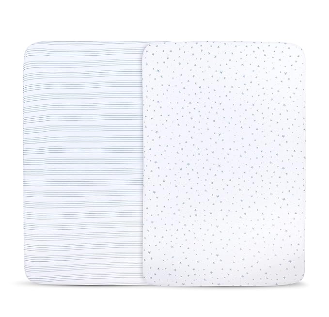 Ely’s & Co. Crib Sheets, Baby Boy Fitted Crib Mattress Sheet Set, 2 Pack, 100% Jersey Knit Cotton, Infant and Toddler Nursery Bedding, Blue Stars + Stripes Print, 28” x 52”