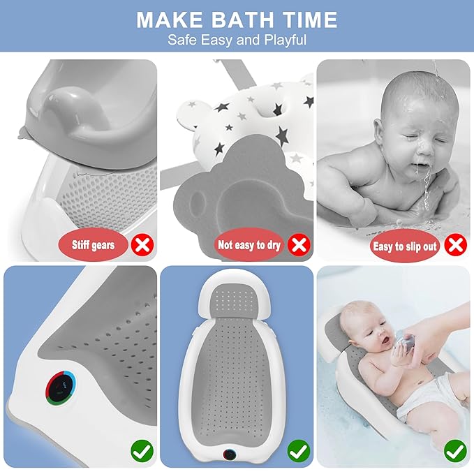 Baby Bath Support,Ideal for Babies Less Than 6 Months Old,with Thermometer-Adjustable Slope Newborn Bathtub, Baby tubs for Newborn Essentials Must Haves (Gray)