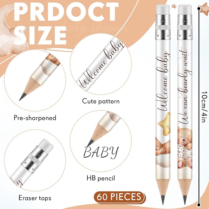 Tinlade 60 Pcs Bear Baby Shower Golf Pencils with Erasers Small Kids Sharpened Mini Pencils for School in Bloom Baby Shower Supplies