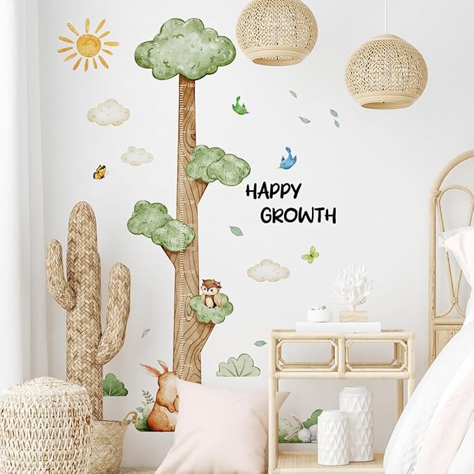 3D Cartoon Height Growth Chart for Kids Wall Stickers Removable DIY Jungle Animals and Plants Height Sticker Peel and Stick Sun White Clouds Wall Art Decor for Nursery Kids Bedroom Living Room