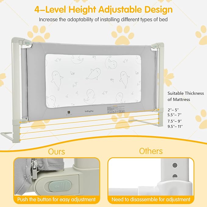 BABY JOY Bed Rails for Toddlers, 70'' Extra Long, Height Adjustable Kids Rail Guard w/Double Safety Lock for Convertible Crib, Folding Baby Bedrail for Twin Double Full Size Queen King Mattress, Gray