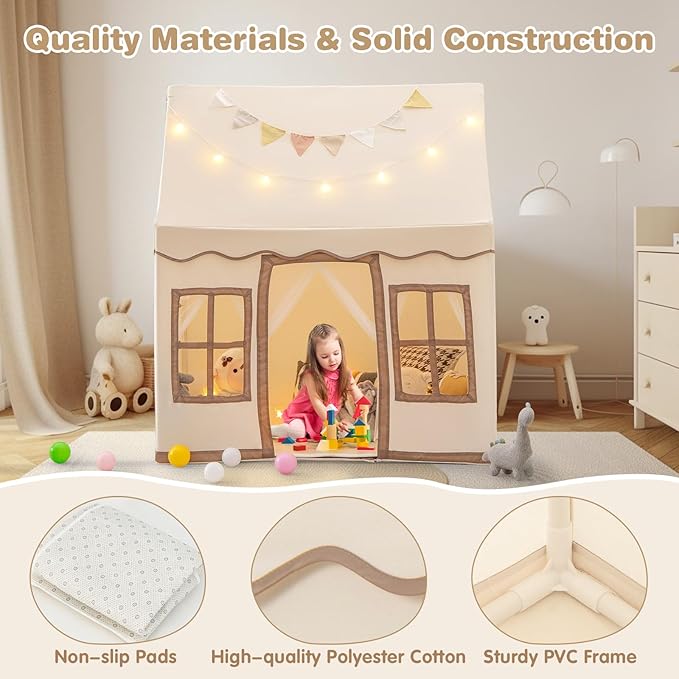 INFANS Kids Play Tent with Washable Mat Star Light Windows, Anti-Trip Large Playhouse Toys for Children Boys Girls, Indoor Outdoor Princess Tents Castle for Toddlers (Beige)