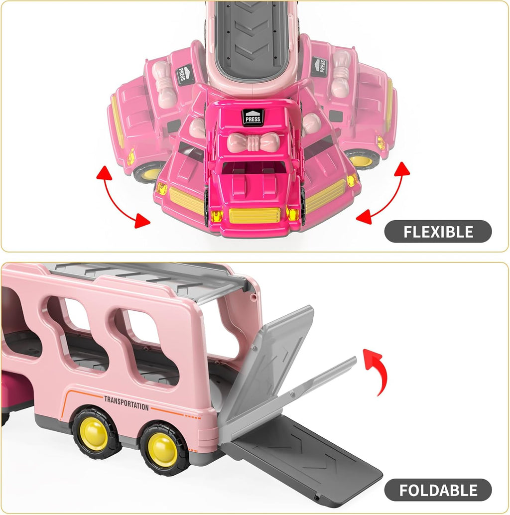 TEMI Girls Toddler Truck Toys for 3 4 5 6 Year Old, 5-in-1 Friction Powered Vehicle Car Set for Toddlers 3-6, Carrier Toys for Kids 3-5, Christmas Birthday Gifts for Boys Age 3-9