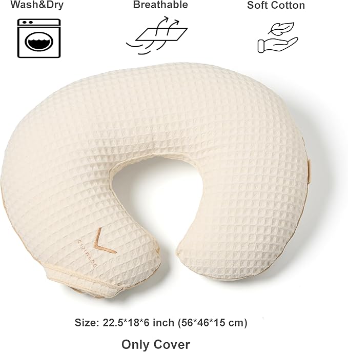 Organic Cover for Nursing Pillow • Premium Quality 100% Cotton Oeko-Tex Standard • Cover for Breastfeeding and Bottle Feeding Pillow • Soft and Breathable • Only Cover (Cream waffle)
