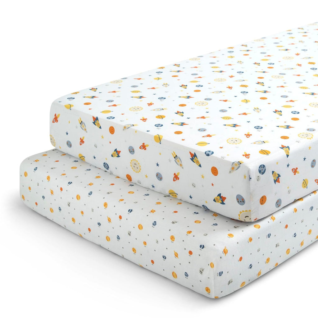 Delta Children Fitted Crib Sheets for Girls and Boys - Crib Sheet for Standard Crib and Toddler Mattresses - 28x52 Inch (Pack of 2), Space Exploration