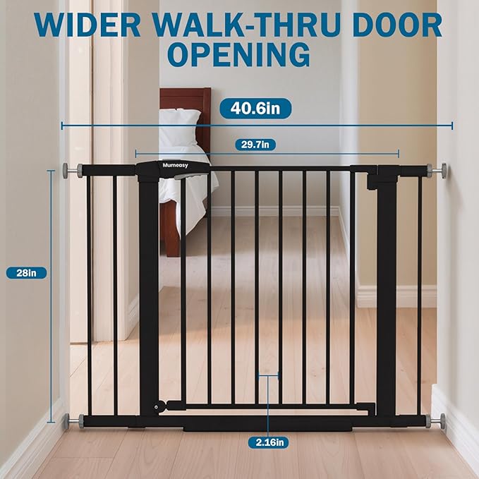 Baby Gate for Stairs, 29.7-40.6" Pressure Mounted Dog Gate, Auto Close Safety Gate for Children & Pets, Easy Install Pet Gate with Walk Thru Door for Doorways & Hallways, No Drilling, Dual-Lock Design