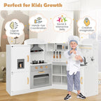 Costzon Corner Kids Kitchen Playset, Wooden Play Kitchen with Sounds & Lights, Washing Machine, Range Hood, Ice Maker, Microwave, Oven, Sink, Pretend Toy Kitchen Set for Toddler, Gift for Boys Girls